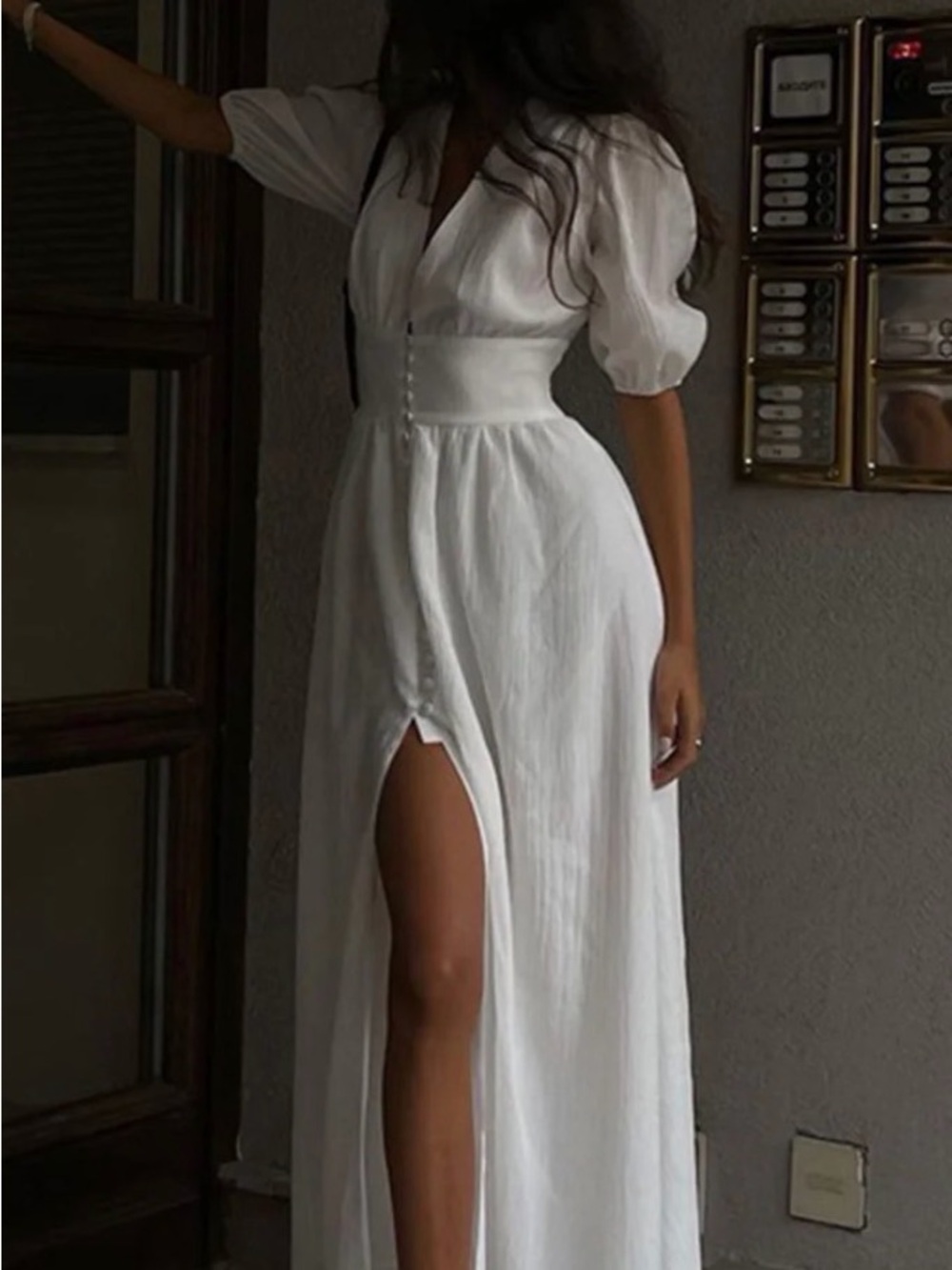 Commense White Deep V Button-Front Maxi Dress - Picture 2 of 8